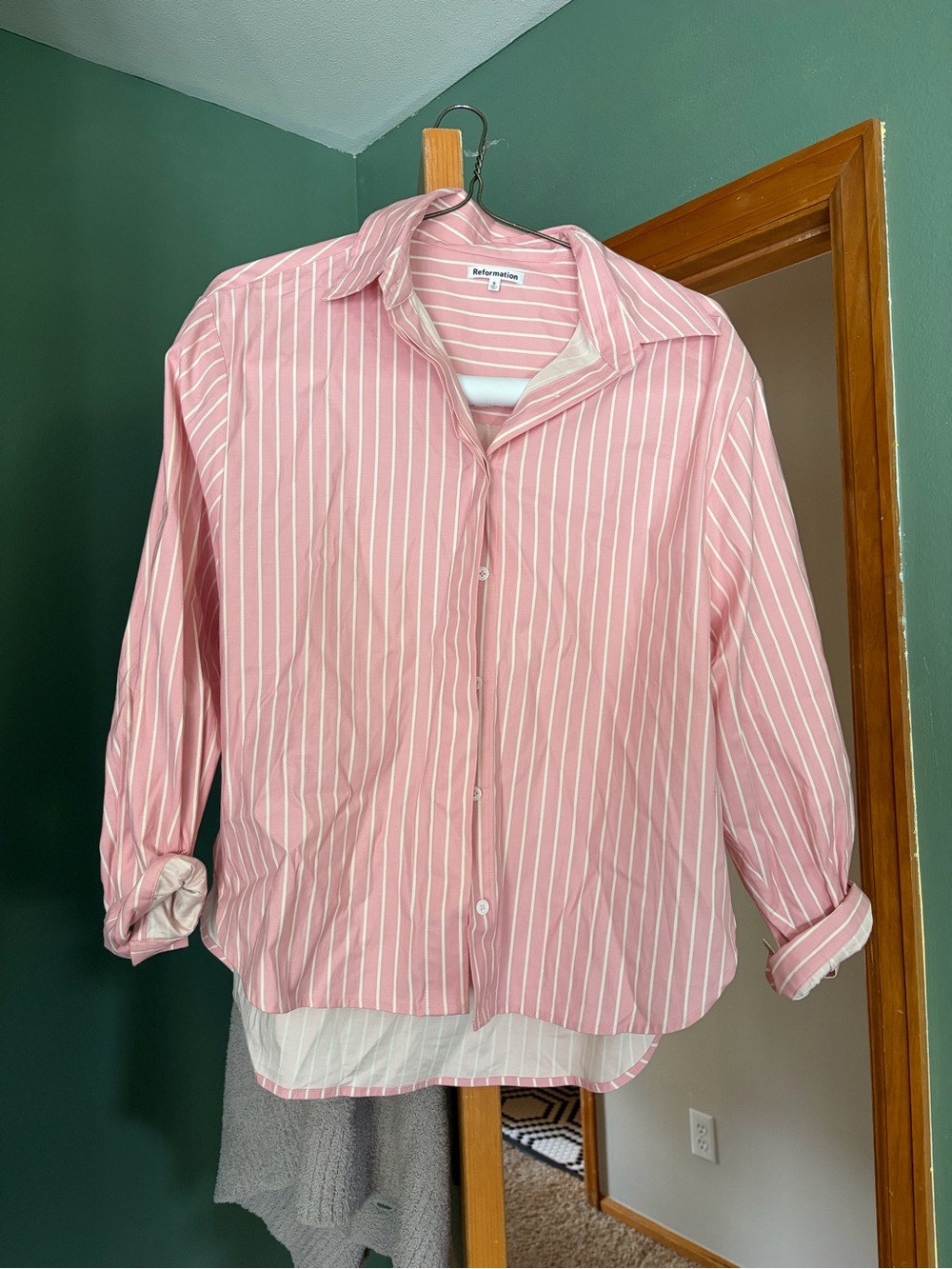 Reformation Pink and White Striped Button-Down Shirt